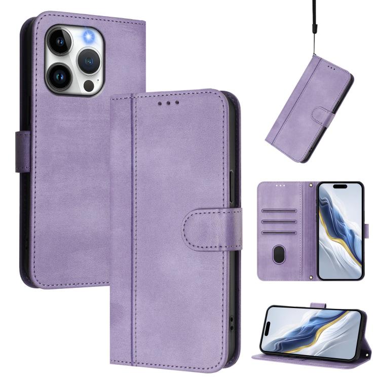 

For iPhone 13 Pro Max Line Splicing Buckle Retro Leather Phone Case(Purple)