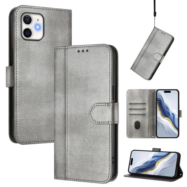 

For iPhone 12 / 12 Pro Line Splicing Buckle Retro Leather Phone Case(Grey)
