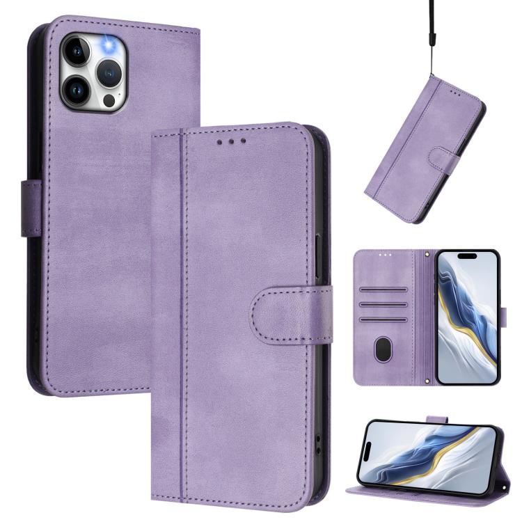 

For iPhone 12 Pro Max Line Splicing Buckle Retro Leather Phone Case(Purple)