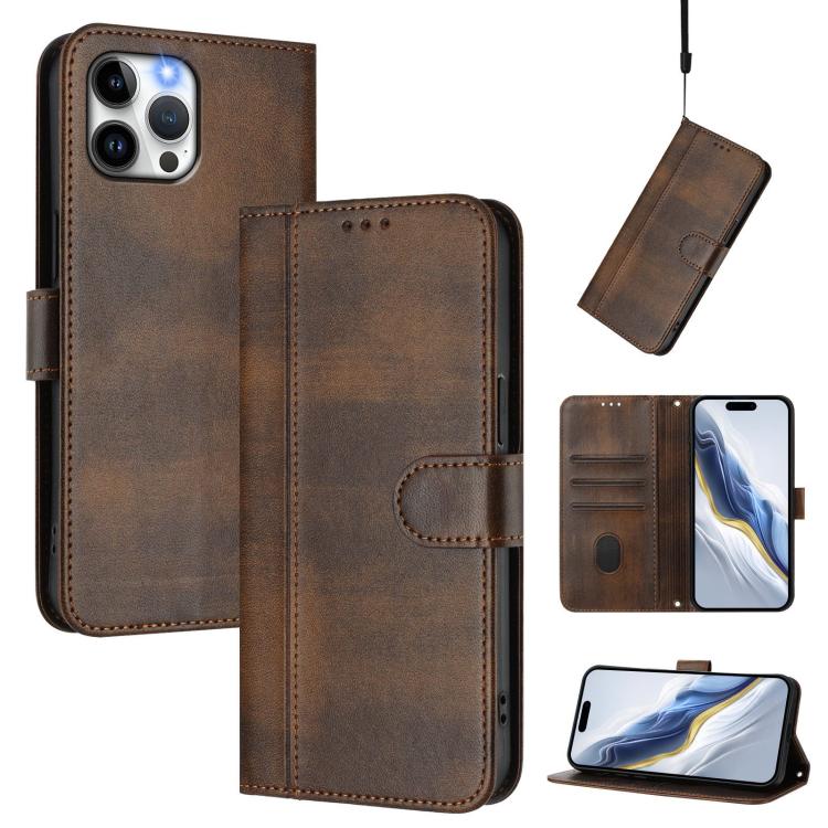 

For iPhone 12 Pro Max Line Splicing Buckle Retro Leather Phone Case(Brown)