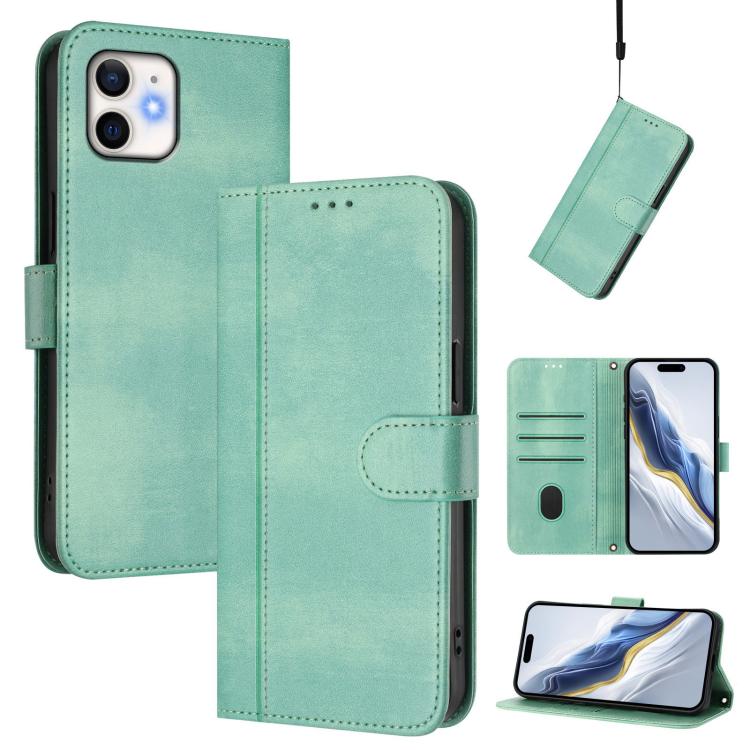 

For iPhone 12 mini Line Splicing Buckle Retro Leather Phone Case(Mint Green)