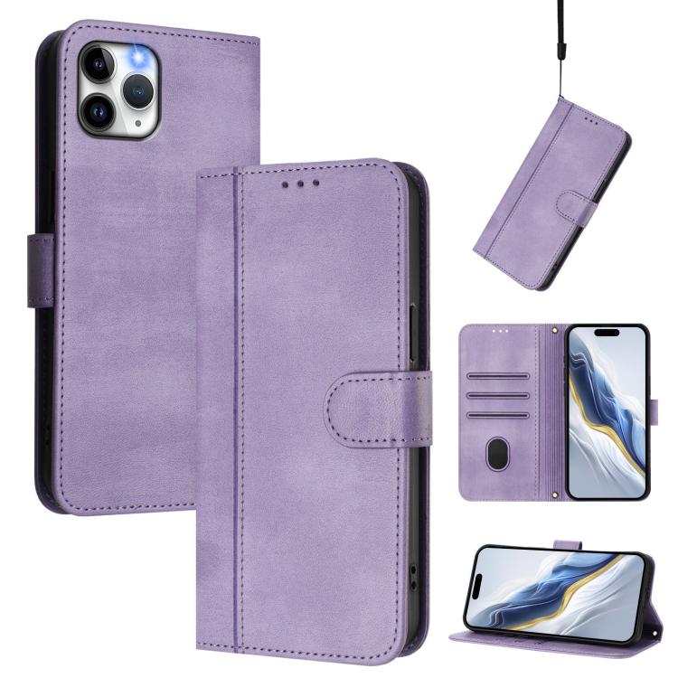 

For iPhone 11 Pro Max Line Splicing Buckle Retro Leather Phone Case(Purple)