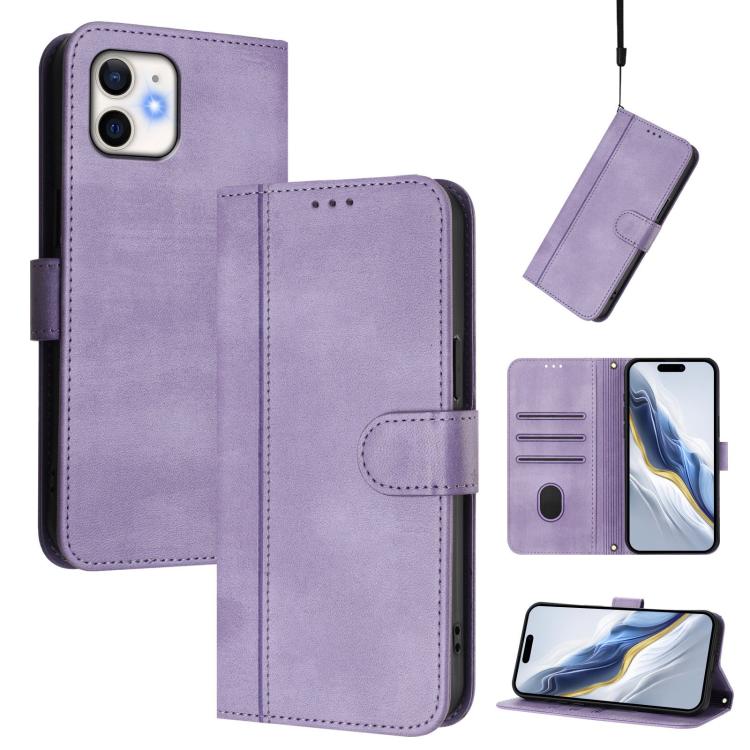 

For iPhone 11 Line Splicing Buckle Retro Leather Phone Case(Purple)