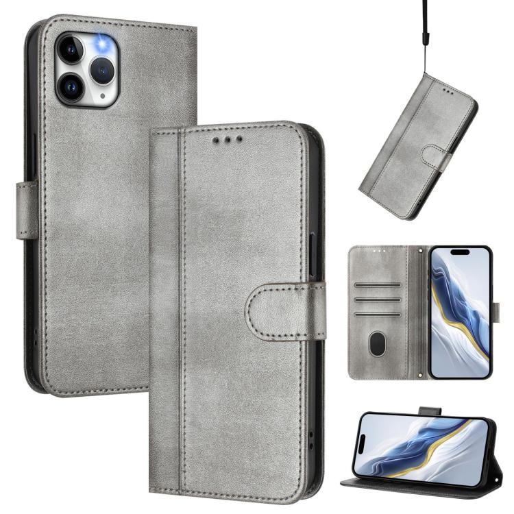 

For iPhone 11 Pro Line Splicing Buckle Retro Leather Phone Case(Grey)