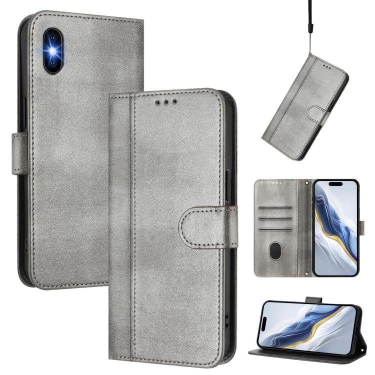 

For iPhone X / XS Line Splicing Buckle Retro Leather Phone Case(Grey)