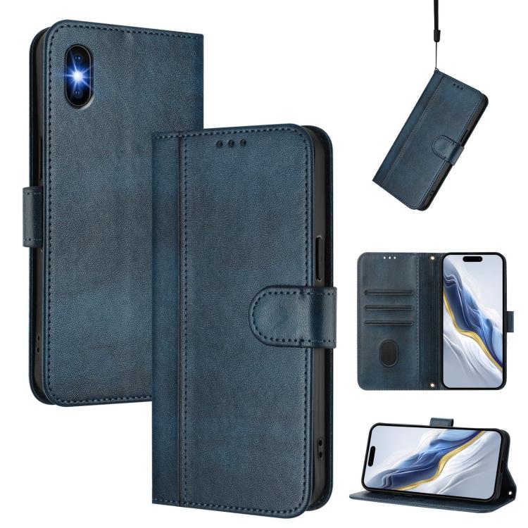 

For iPhone XS Max Line Splicing Buckle Retro Leather Phone Case(Dark Blue)