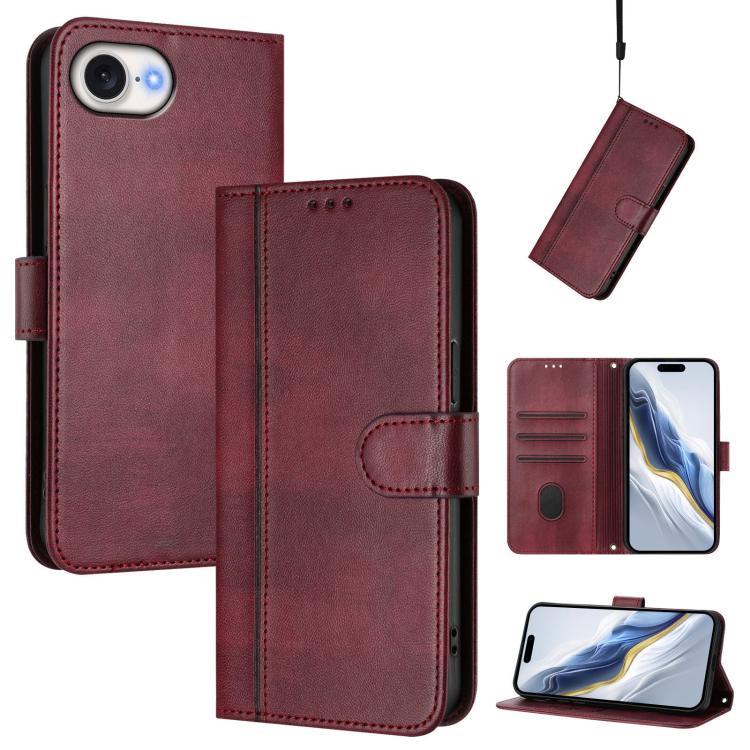 

For iPhone 16e Line Splicing Buckle Retro Leather Phone Case(Wine Red)