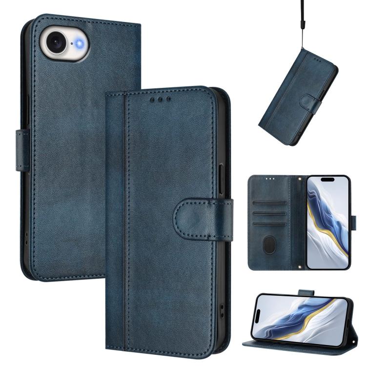 

For iPhone 16e Line Splicing Buckle Retro Leather Phone Case(Dark Blue)
