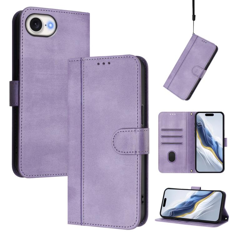 

For iPhone 16e Line Splicing Buckle Retro Leather Phone Case(Purple)
