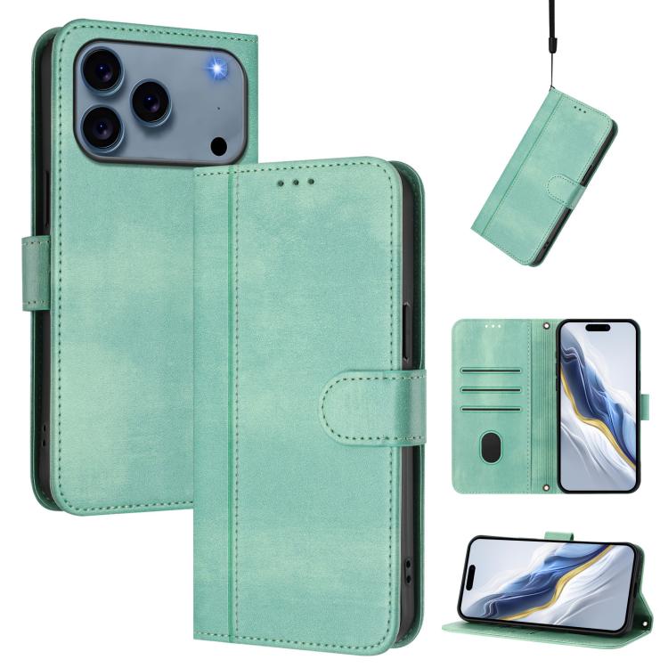 

For iPhone 17 Pro Max Line Splicing Buckle Retro Leather Phone Case(Mint Green)