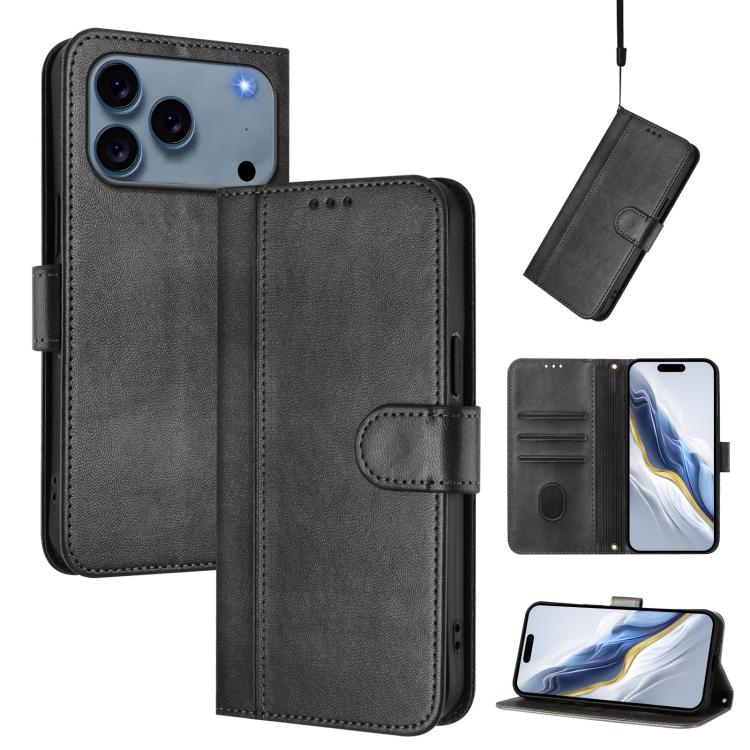 

For iPhone 17 Pro Max Line Splicing Buckle Retro Leather Phone Case(Black)