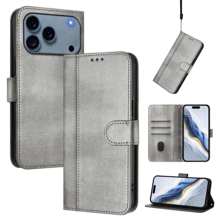 

For iPhone 17 Pro Max Line Splicing Buckle Retro Leather Phone Case(Grey)