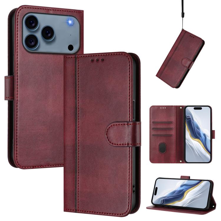 

For iPhone 17 Pro Line Splicing Buckle Retro Leather Phone Case(Wine Red)