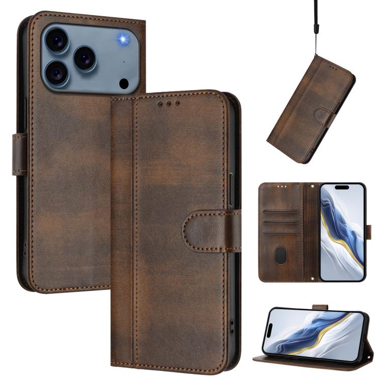 

For iPhone 17 Pro Line Splicing Buckle Retro Leather Phone Case(Brown)