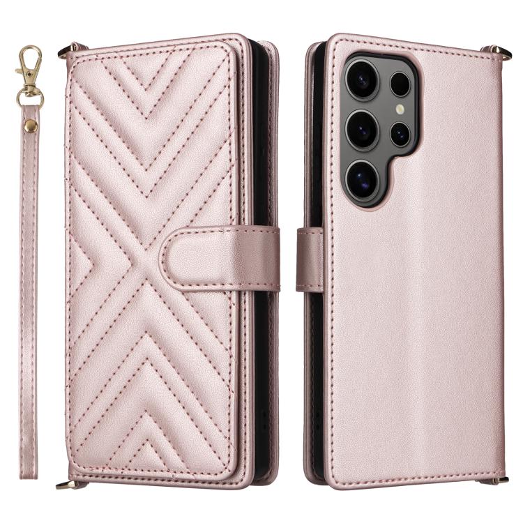 

For Samsung Galaxy S25 Ultra 5G Multifunctional 6-Card Slots Leather Phone Case with Wrist Strap(Pink)