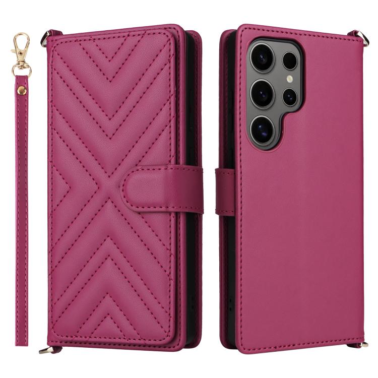 

For Samsung Galaxy S25 Ultra 5G Multifunctional 6-Card Slots Leather Phone Case with Wrist Strap(Rose Red)
