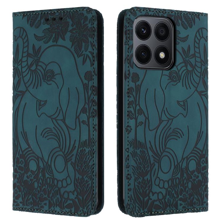 

For Honor X8a Retro Elephant Embossed Leather Phone Case(Green)
