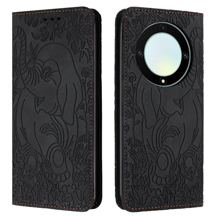 

For Honor Magic5 Lite Retro Elephant Embossed Leather Phone Case(Black)