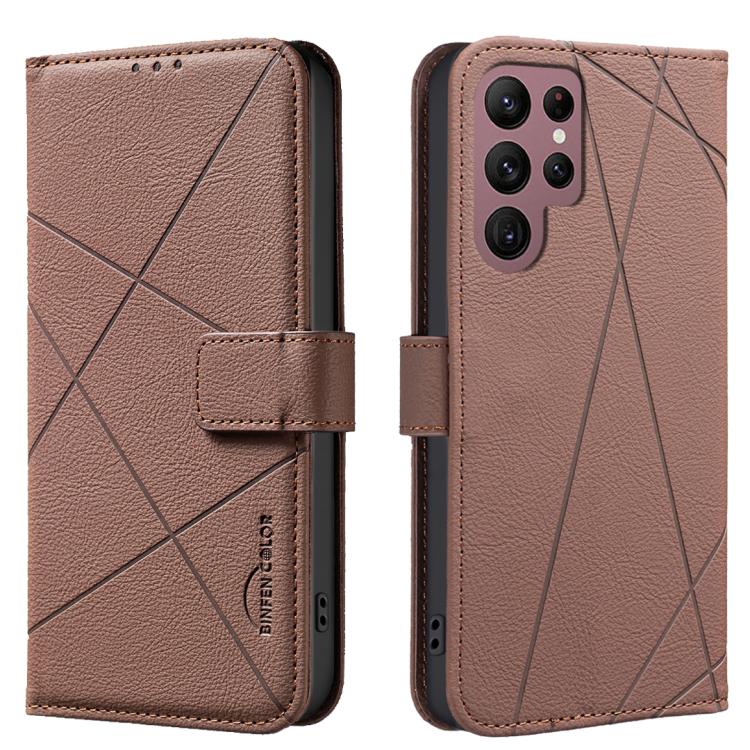 

For Samsung Galaxy S22 Ultra 5G Geometric Pattern RFID Leather Phone Case(Brown)