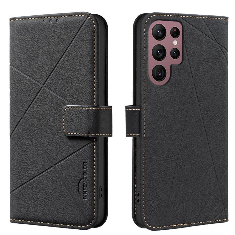 

For Samsung Galaxy S22 Ultra 5G Geometric Pattern RFID Leather Phone Case(Black)