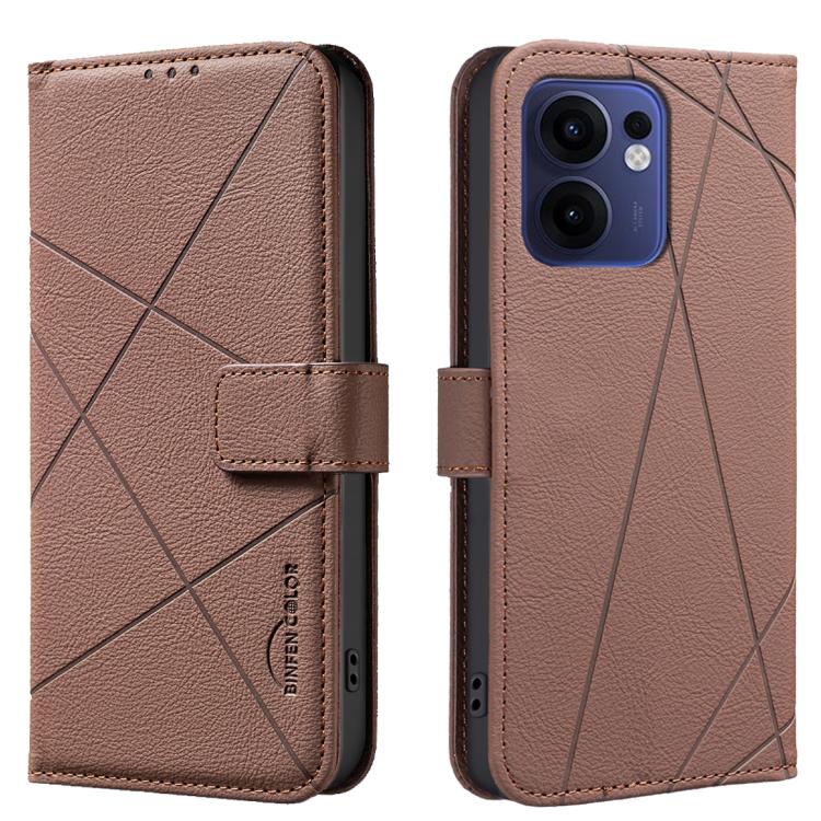 

For OPPO Reno13 F 5G Geometric Pattern RFID Leather Phone Case(Brown)
