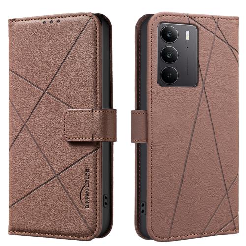 

For Realme C75 4G Geometric Pattern RFID Leather Phone Case(Brown)