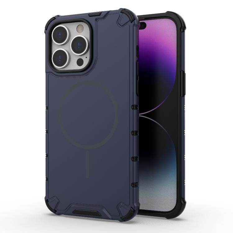 

For iPhone 14 Pro Max Grating Solid Color MagSafe Magnetic Phone Case(Dark Blue)