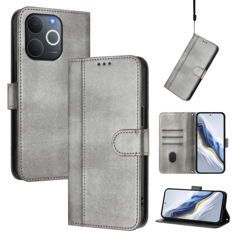 For Realme C71 4G India / Note 70 4G Line Splicing Buckle Retro Leather Phone Case(Grey)