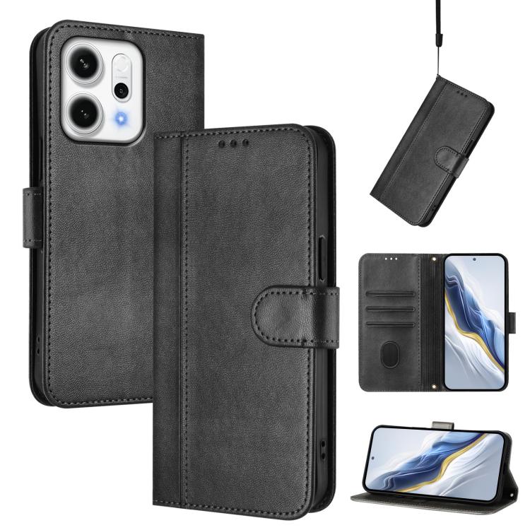 

For OPPO Reno14 Global Line Splicing Buckle Retro Leather Phone Case(Black)