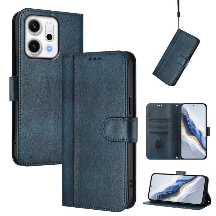 

For OPPO Reno14 Global Line Splicing Buckle Retro Leather Phone Case(Dark Blue)