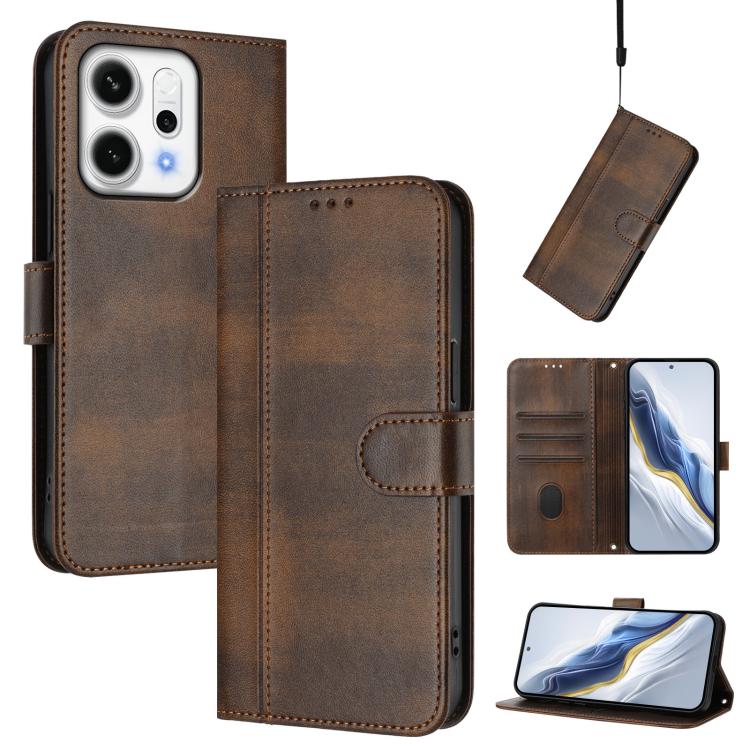 

For OPPO Reno14 Global Line Splicing Buckle Retro Leather Phone Case(Brown)