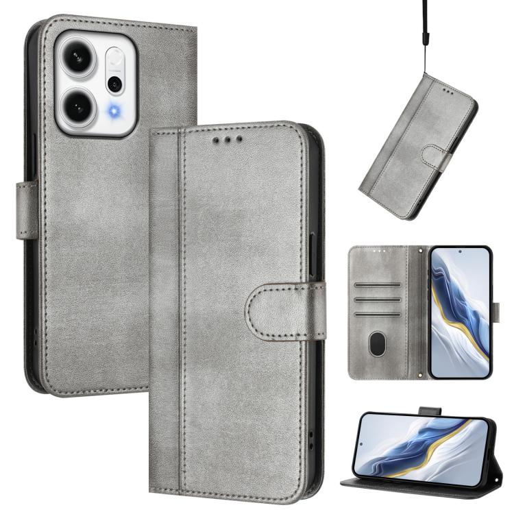 

For OPPO Reno14 Pro Global Line Splicing Buckle Retro Leather Phone Case(Grey)