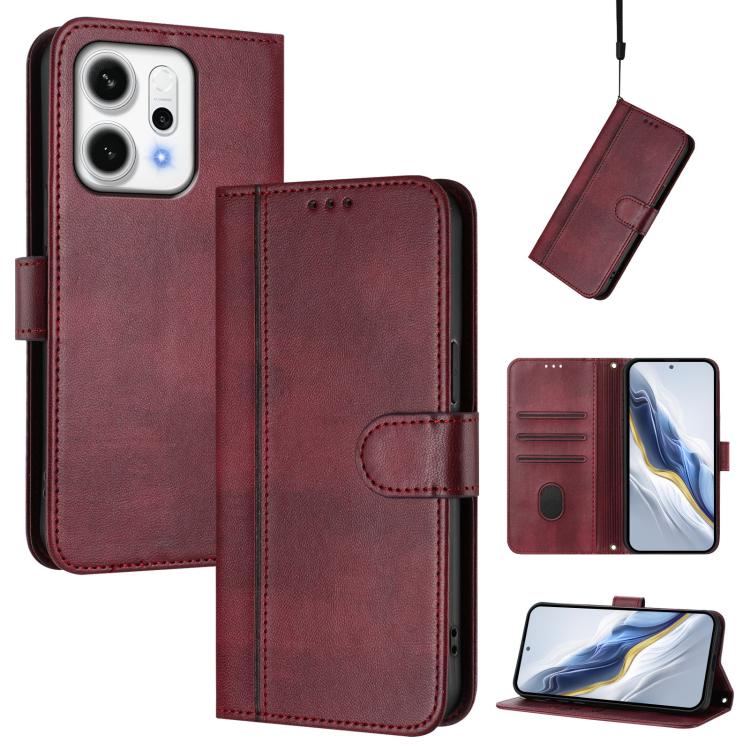 

For OPPO Reno14 Pro Global Line Splicing Buckle Retro Leather Phone Case(Wine Red)