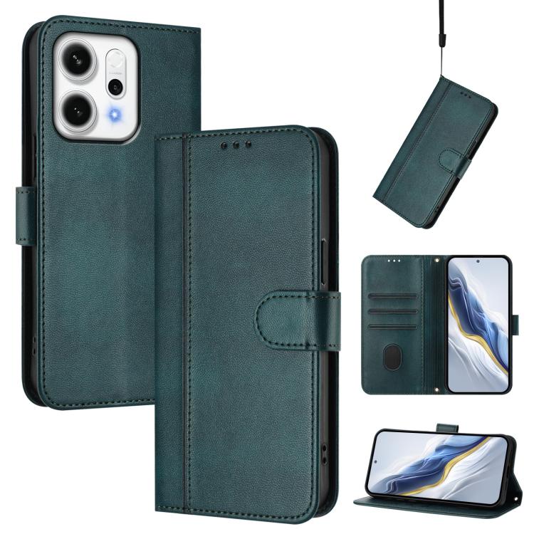 

For OPPO Reno14 Pro Global Line Splicing Buckle Retro Leather Phone Case(Dark Green)