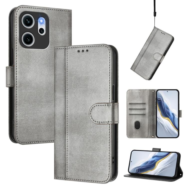 

For OPPO Reno14 F 5G Line Splicing Buckle Retro Leather Phone Case(Grey)