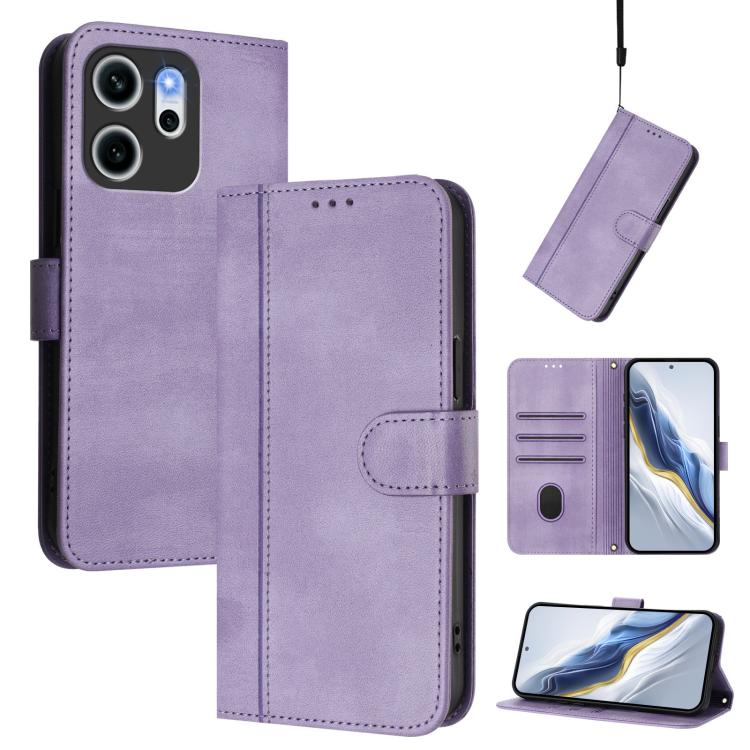 

For OPPO Reno14 F 5G Line Splicing Buckle Retro Leather Phone Case(Purple)