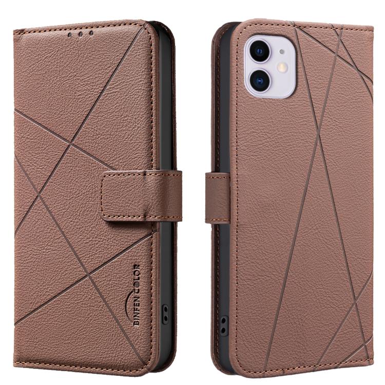 

For iPhone 12 / 12 Pro Geometric Pattern RFID Leather Phone Case(Brown)