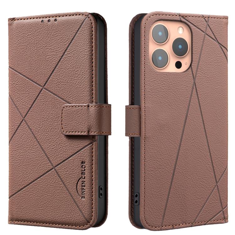 

For iPhone 14 Pro Geometric Pattern RFID Leather Phone Case(Brown)