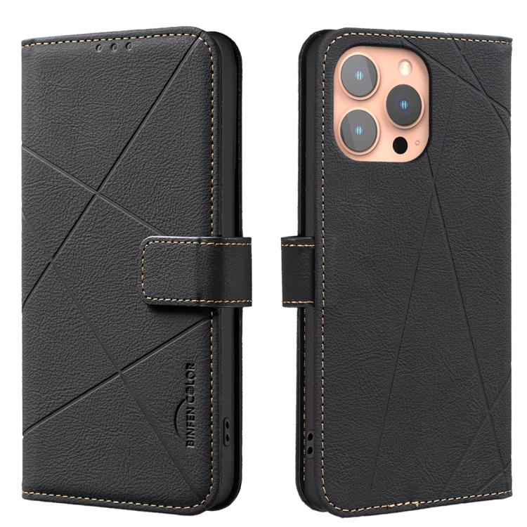 

For iPhone 14 Pro Max Geometric Pattern RFID Leather Phone Case(Black)