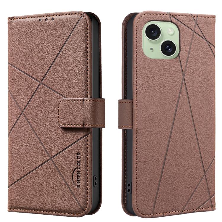 

For iPhone 14 Plus / 15 Plus Geometric Pattern RFID Leather Phone Case(Brown)