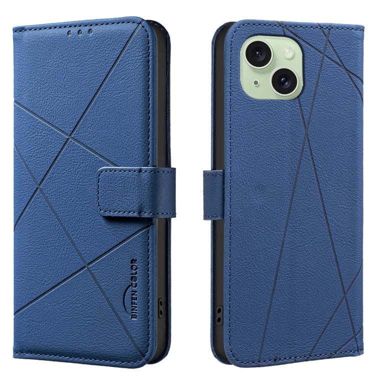 

For iPhone 14 Plus / 15 Plus Geometric Pattern RFID Leather Phone Case(Blue)