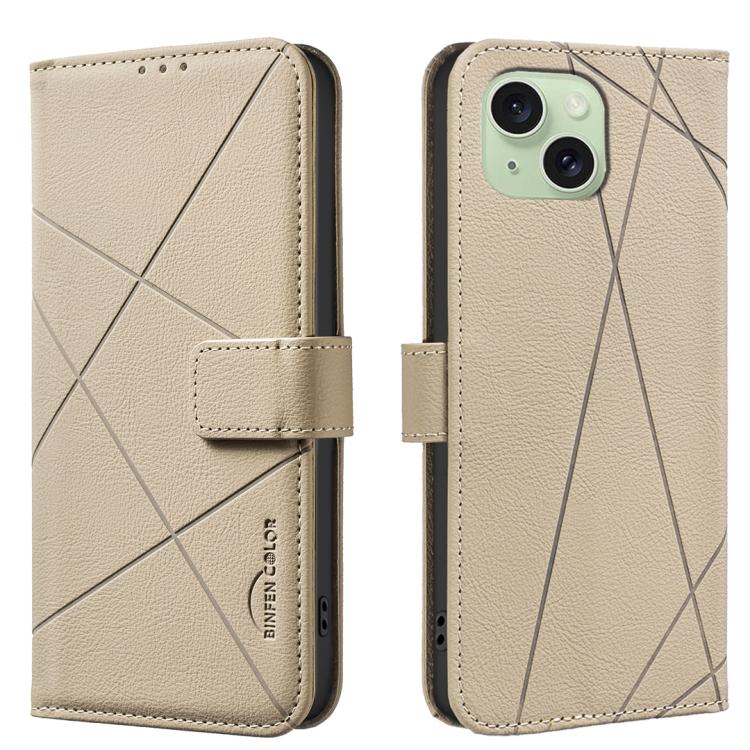 

For iPhone 14 Plus / 15 Plus Geometric Pattern RFID Leather Phone Case(Beige)