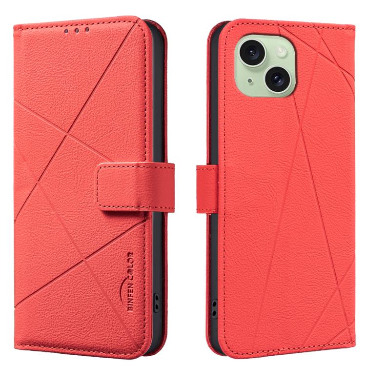 

For iPhone 14 Plus / 15 Plus Geometric Pattern RFID Leather Phone Case(Red)