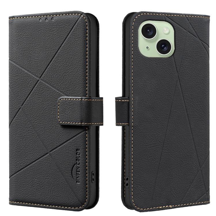 

For iPhone 14 Plus / 15 Plus Geometric Pattern RFID Leather Phone Case(Black)