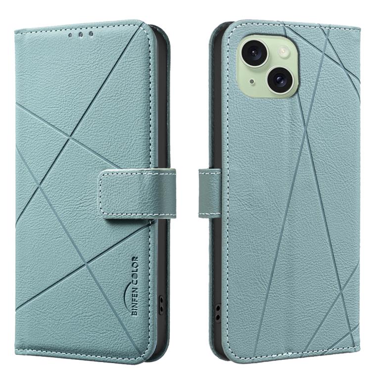 

For iPhone 14 Plus / 15 Plus Geometric Pattern RFID Leather Phone Case(Green)