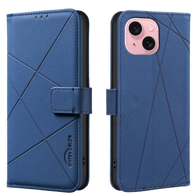 

For iPhone 15 Geometric Pattern RFID Leather Phone Case(Blue)