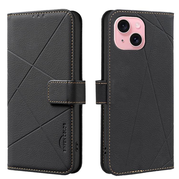 

For iPhone 15 Geometric Pattern RFID Leather Phone Case(Black)