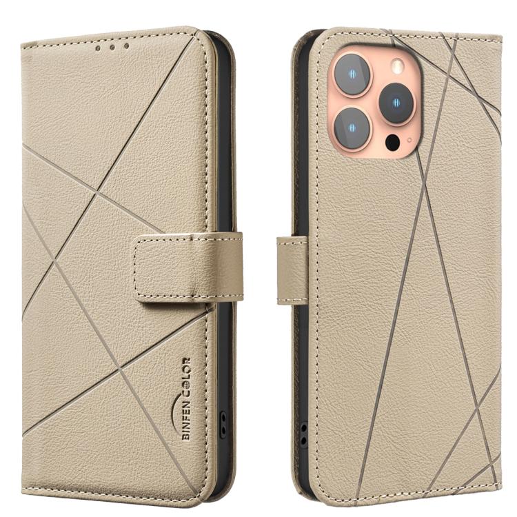 

For iPhone 15 Pro Geometric Pattern RFID Leather Phone Case(Beige)
