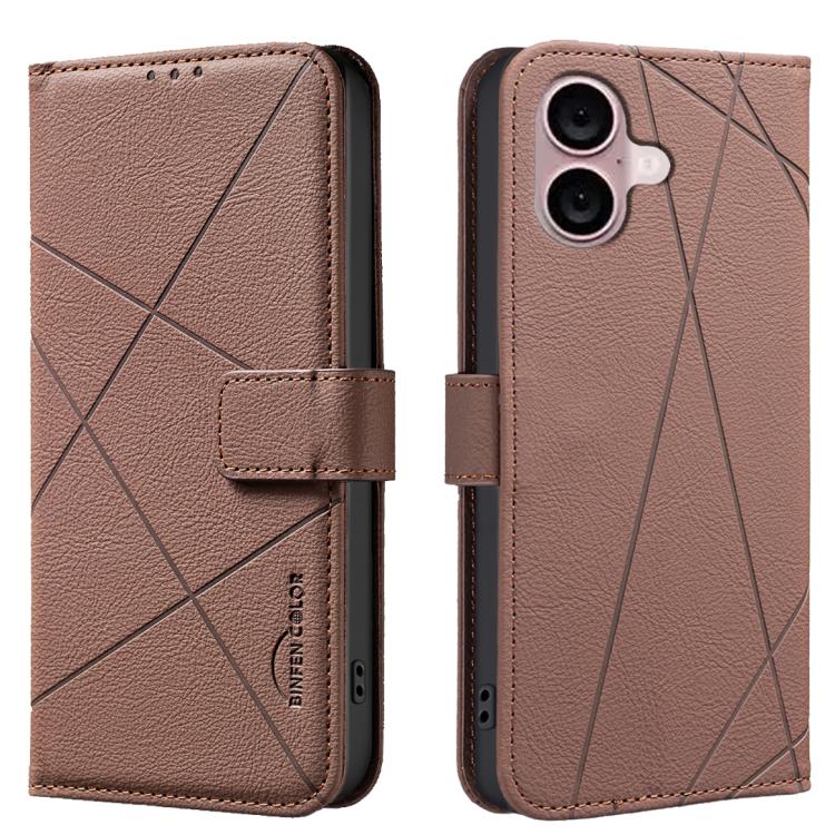 

For iPhone 16 Plus Geometric Pattern RFID Leather Phone Case(Brown)