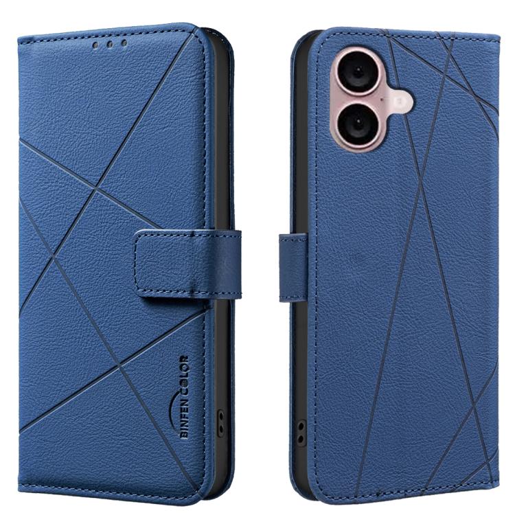 

For iPhone 16 Plus Geometric Pattern RFID Leather Phone Case(Blue)